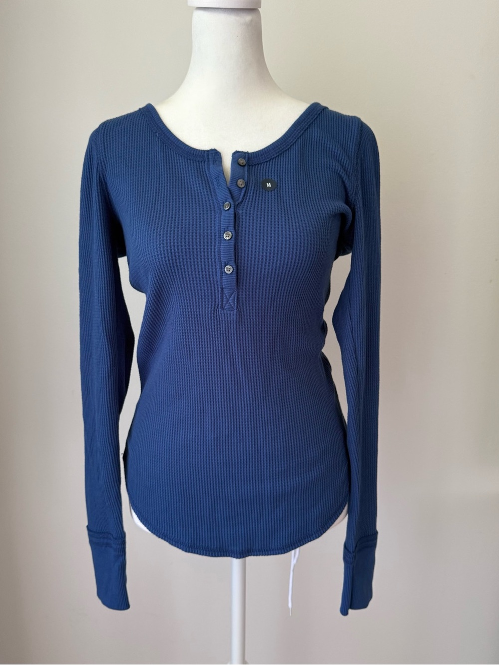 Women's Navy Waffle Henley Long Sleeve Top M